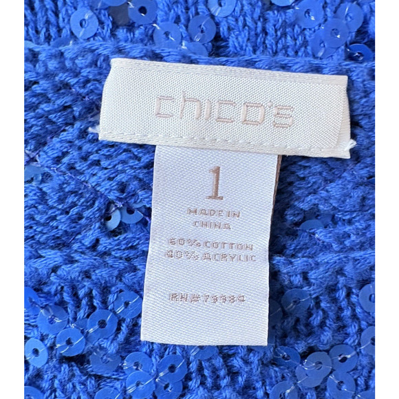 Chicos Size 1 | M /8 Sasha Sequin Pullover Sweater Royal Blue Open Knit Sparkly - Picture 2 of 11